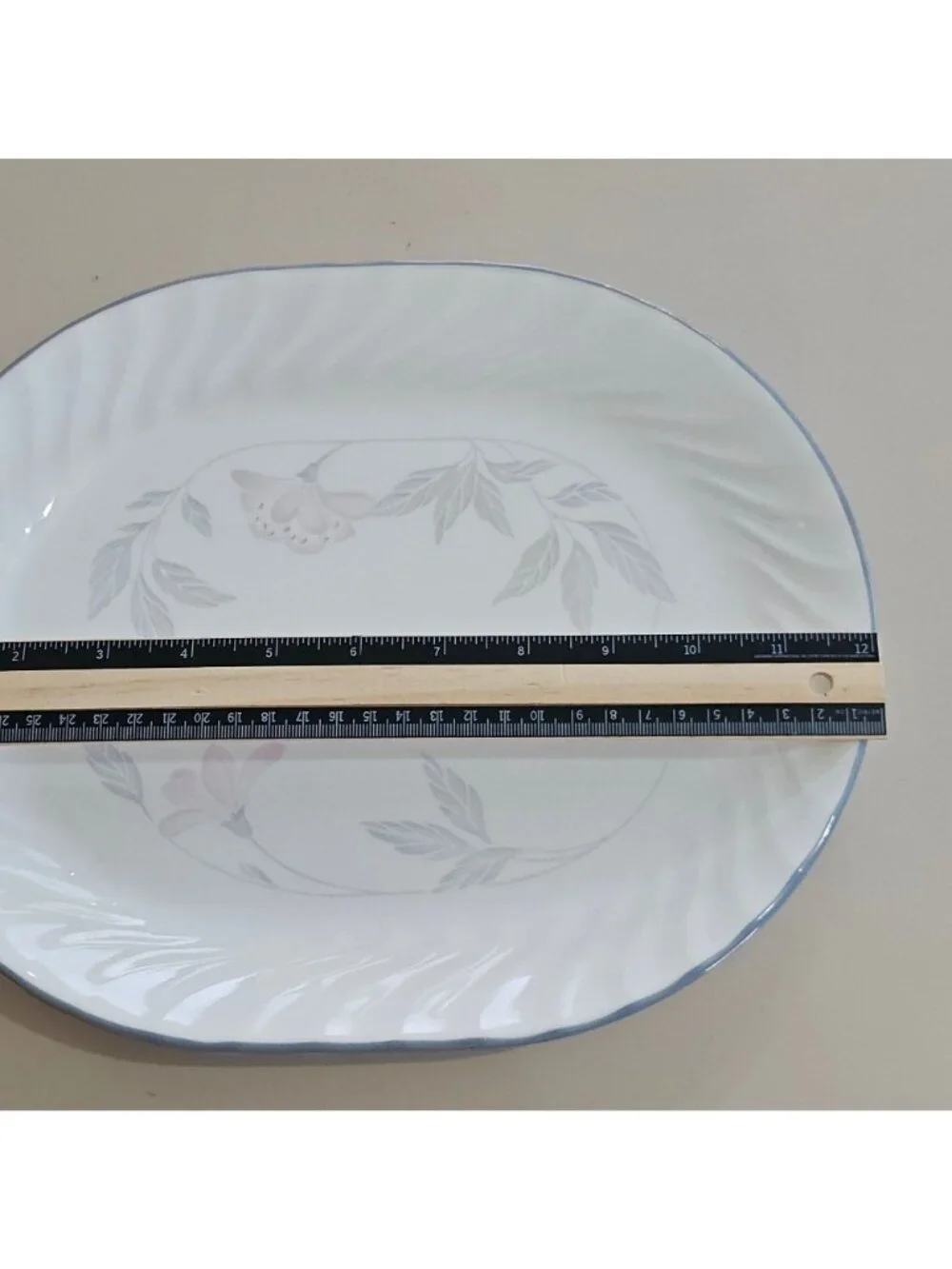 Corelle Pink Trio Platter 12" white blue band floral oval swirl on border - Picture 5 of 9